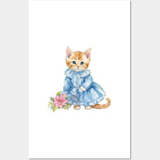 Cute ginger kitten in a blue dress Posters and Art